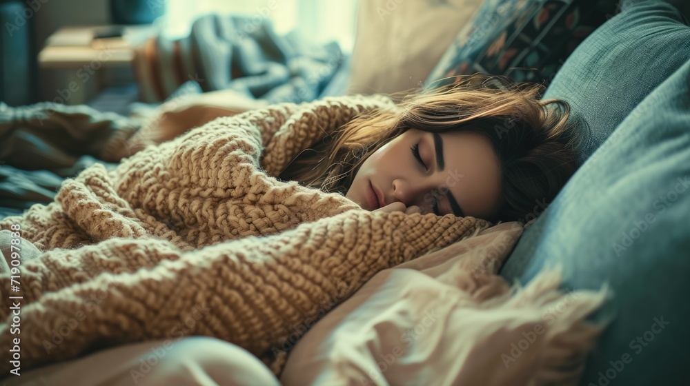 Sick woman takes a nap while lying on a sofa covered with a blanket. Sick woman takes a nap while lying on a sofa covered with a blanket.
