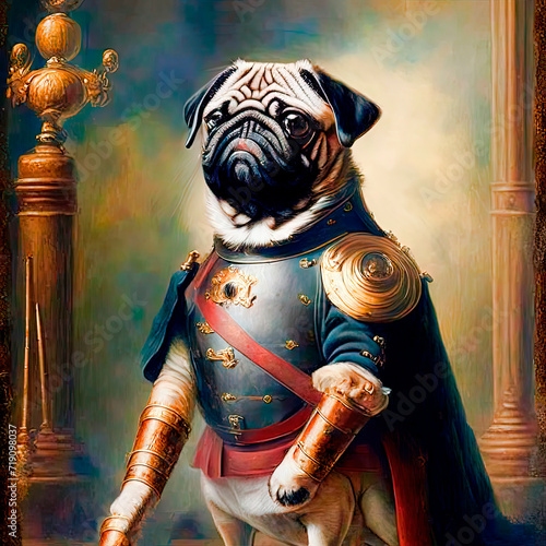 Portrait of an anthropomorphic pug in a pirate costume and a general's uniform