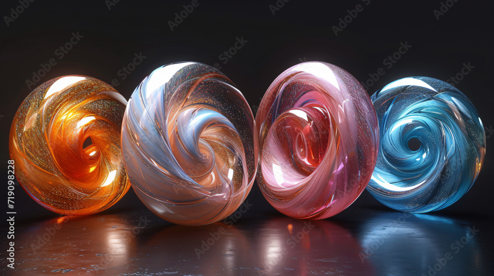 five spiral parts rendered in 3dsmax on black background, in the style ...