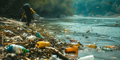 Pollution of the environment. Plastic trash in the river. Human collecting trash. © Keena Art