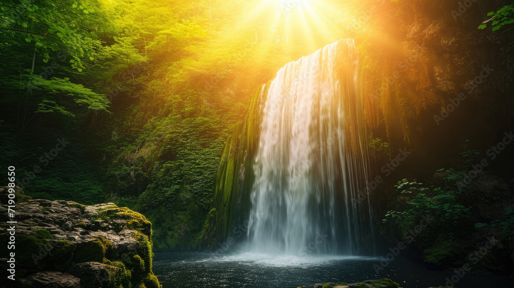 A majestic waterfall in the middle of a serene forest with brilliant sunlight creates a mystical aura A majestic waterfall in the middle of a serene forest with brilliant sunlight creates a mystical aura