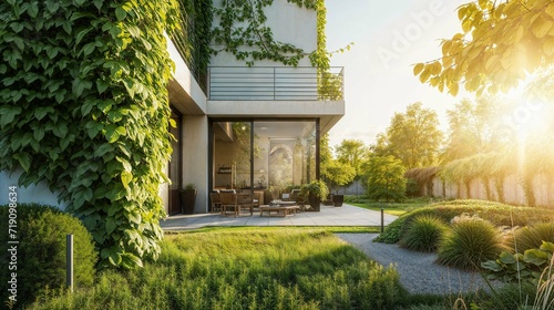 Maison écologique avec jardin dans une banlieue moderne lors d'une journée ensoleillée. Concept écologique.  photo