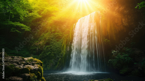 A majestic waterfall in the middle of a serene forest with brilliant sunlight creates a mystical aura © boxstock production