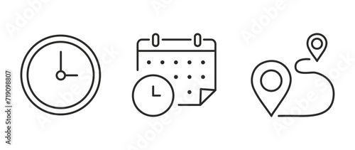 Vector flat illustration. Set of clock, calendar and geolocation icons. Gray icon on isolated on white background. Perfect for your creative idea.