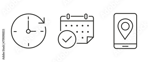 Vector flat illustration. Set of clock, calendar and geolocation icons. Gray icon on isolated on white background. Perfect for your creative idea.