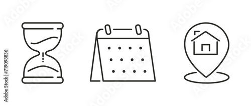 Vector flat illustration. Set of clock, calendar and geolocation icons. Gray icon on isolated on white background. Perfect for your creative idea.