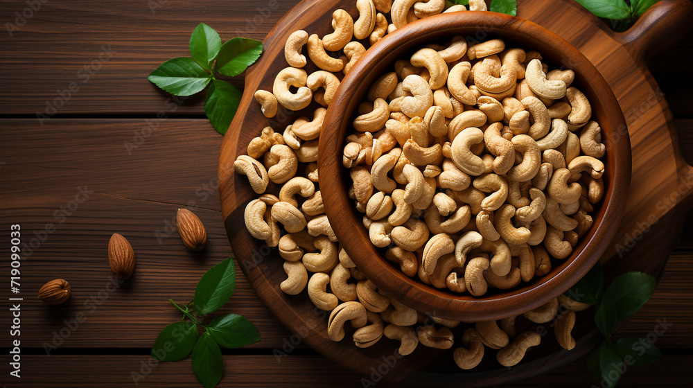 Bowl with cashew nuts on a wooden table, flat lay with space for text Bowl with cashew nuts on a wooden table, flat lay with space for text