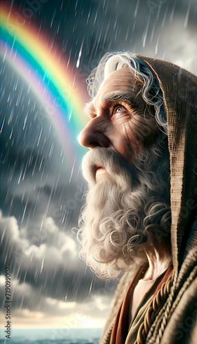 Reflective Noah Gazing at Rainbow Amidst Rainstorm