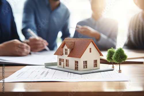 Businessman signing real estate purchase contract behind house architectural model