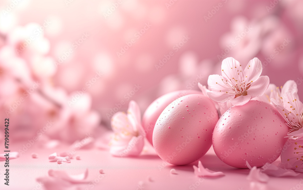 Fototapeta premium Easter eggs and spring flowers composition with pastel pink background