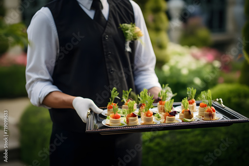 Tray with appetizers in the hands of a waiter