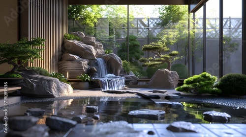 fountain in the garden, Peaceful Zen Garden: Transform your space into a tranquil oasis with this image capturing a Zen-inspired indoor garden, complete with carefully placed rocks, bonsai trees, and 
