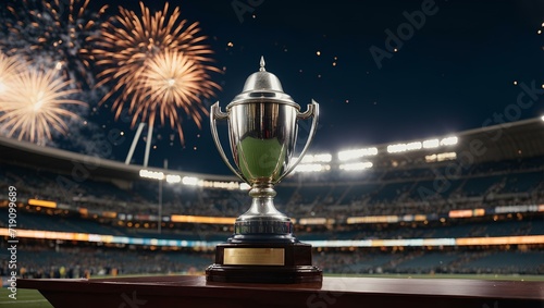 Ceremonial handing over of the American Football Cup award to the winner with fireworks in the background. Sports photo