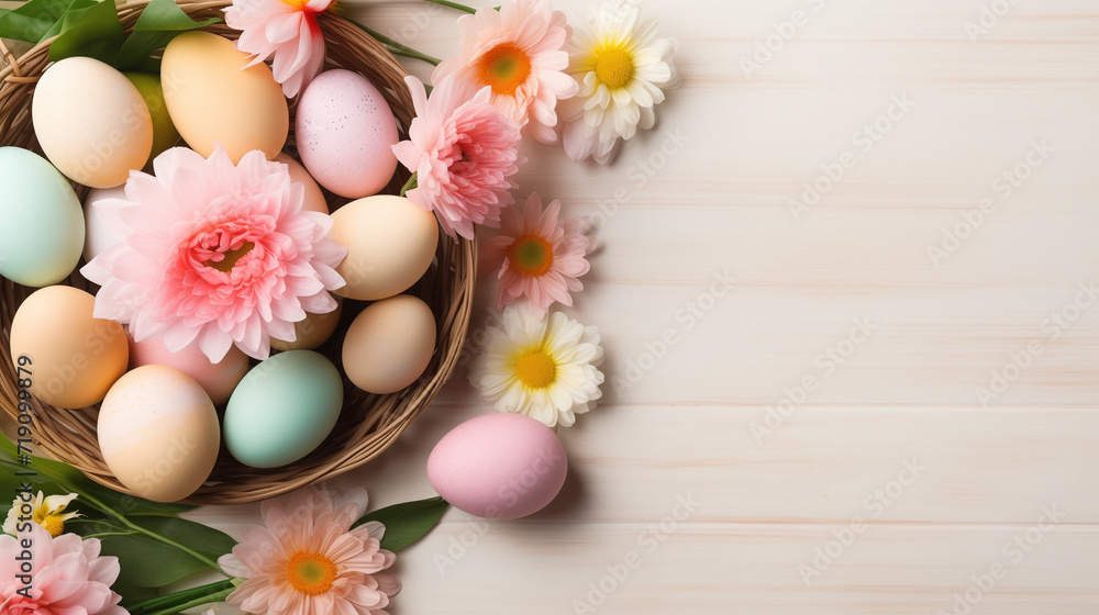 easter eggs and flowers, postcard background for product easter eggs and flowers, postcard background for product