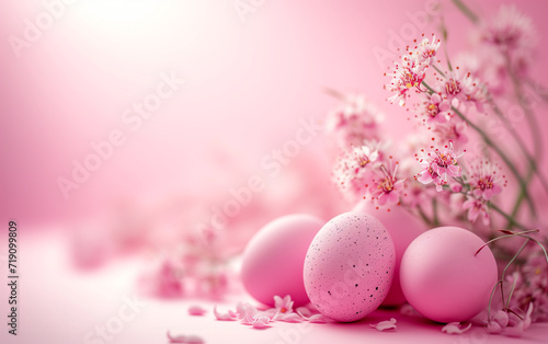 Easter eggs and spring flowers composition with pastel pink background