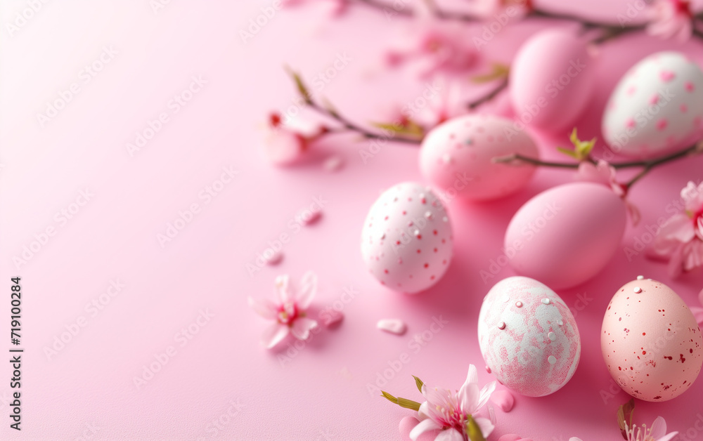 Easter eggs and spring flowers composition with pastel pink background