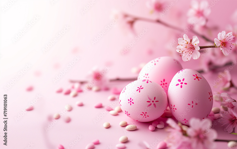 Easter eggs and spring flowers composition with pastel pink background Easter eggs and spring flowers composition with pastel pink background