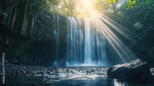 Majestic waterfall is bathed in beautiful rays of sunlight, creating a stunning interaction of light and water