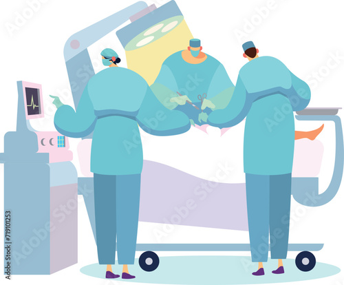 Surgeons performing surgery, intense medical operation scene with doctors in scrubs. Surgery in progress, medical staff working in operating room with equipment. Medical team conducts operation