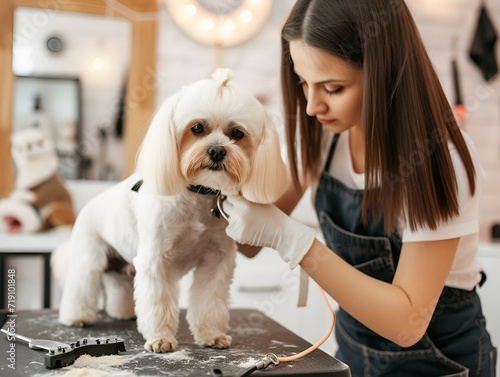 Female professional groomer trimming haircut dog at pet spa grooming salon