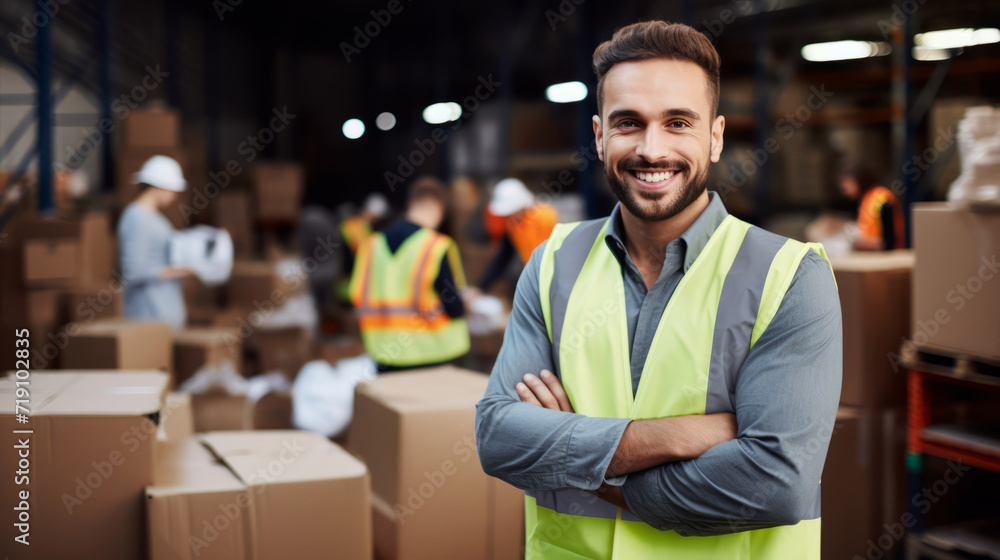 Obraz premium Cheerful young warehouse worker in protective vest