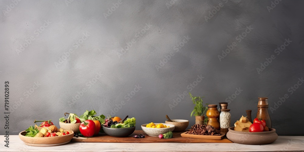 Display of food on wooden plate on table with cement wall background
