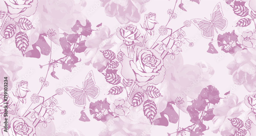 Abstract floral seamless pattern.  In style Toile de Jou.  Suitable for fabric, wrapping 