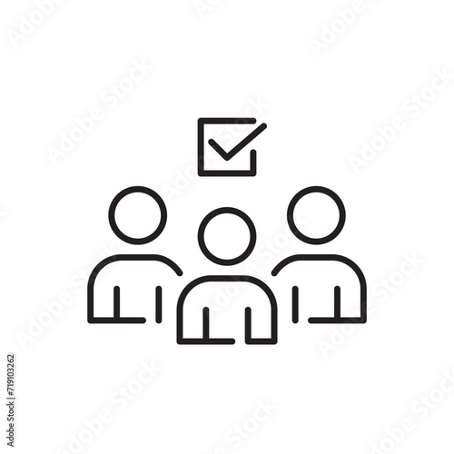 Three people with checkmark symbol. Finding the right candidate. Pixel perfect icon
