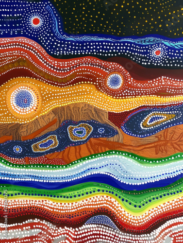 Vibrant Aboriginal Dot Painting.
Abstract indigenous art in a vivid dot pattern.
