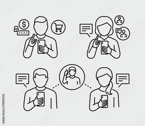 Person Using Mobile Phone Vector Line Icons
