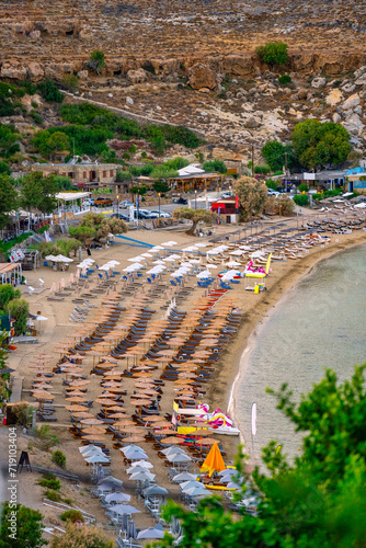 Lindos beach on the island of Rhodes in Greece.