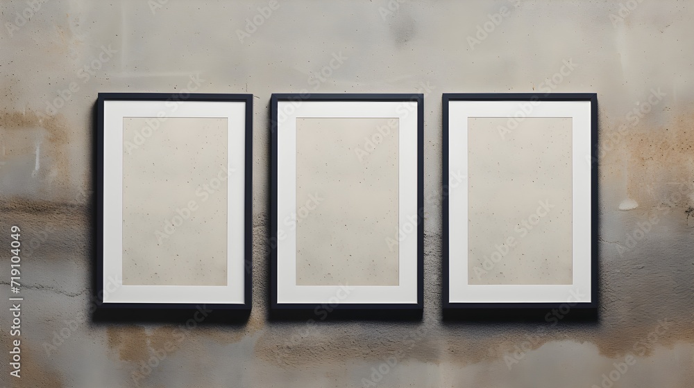 Fototapeta premium Frames hanging on a rough concrete gray wall mockup. Blank space for copy text.