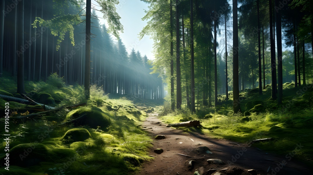Obraz premium Green forest landscape with natural light.
