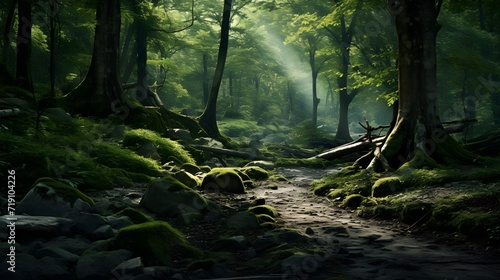 Green forest landscape with natural light. © Alice a.