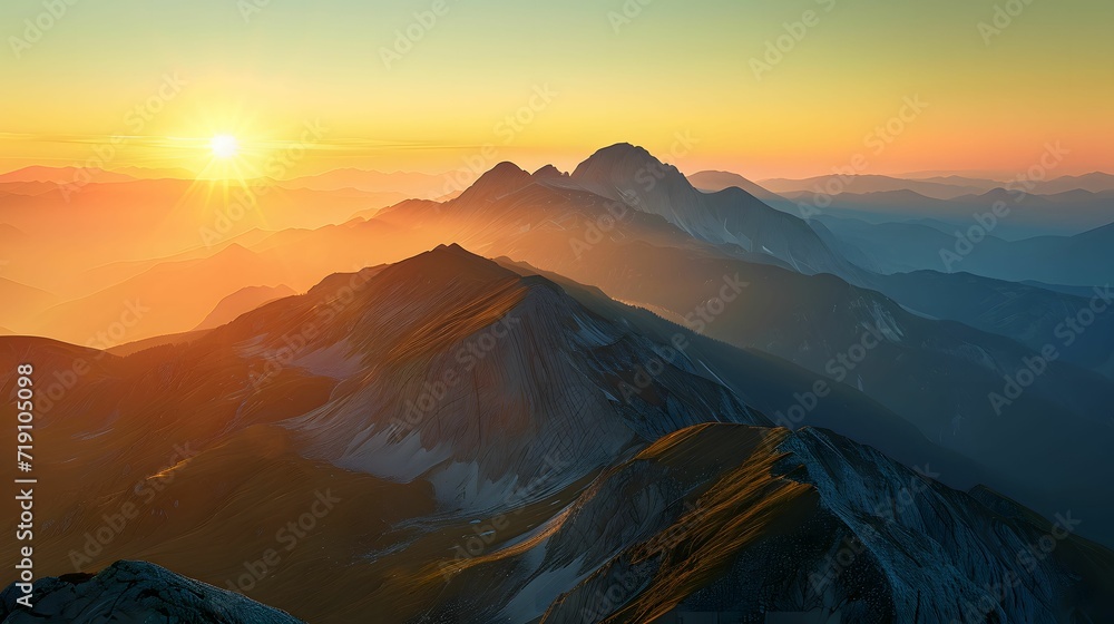 Breathtaking Sunrise over the Majestic Mountains in Light Azure and Gold - Photo-Realistic Landscape