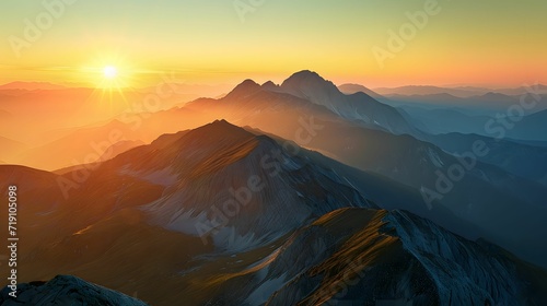 Breathtaking Sunrise over the Majestic Mountains in Light Azure and Gold - Photo-Realistic Landscape