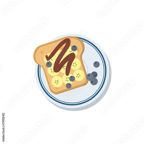Slice of bread with banana and chocolate paste. Sandwich with different ingredients vector illustration. Top view flat vector icon.
