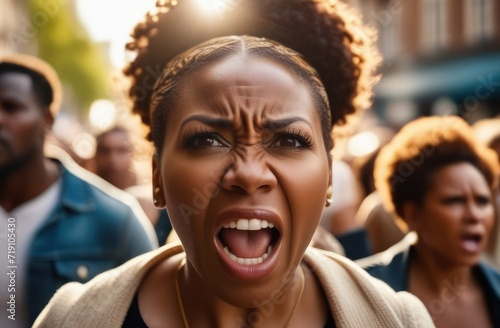 angry black protester screaming on street. female activist protesting against rights violation
