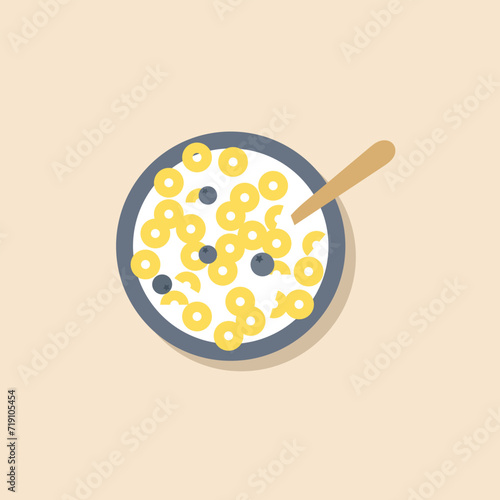 Breakfast on a plate cornflakes with milk. Cereal milk breakfast. Rolled oats. Bowl with different sweet crunchy flakes. Healthy food for kids. Top view flat vector icon.
