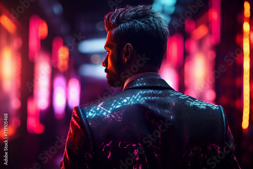 Back view portrait of a handsome elegant man neon illuminated city virtual reality and cyberpunk generative AI concept photo