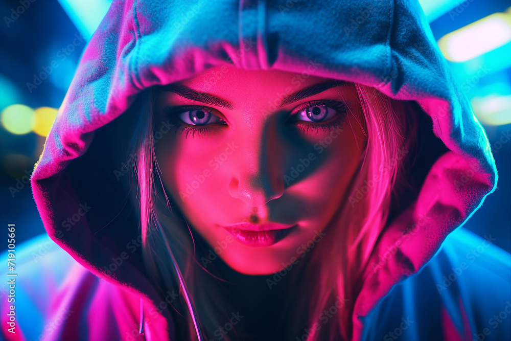 Generative ai illustration of attractive woman isolated on futuristic neon illuminated town background