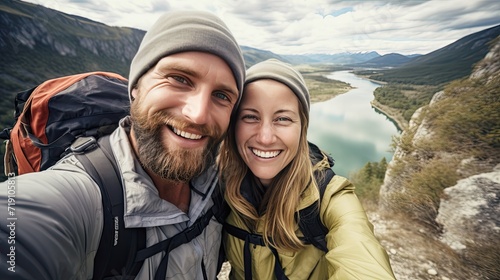 cheerful couple taking selfie photo standing on mountains.