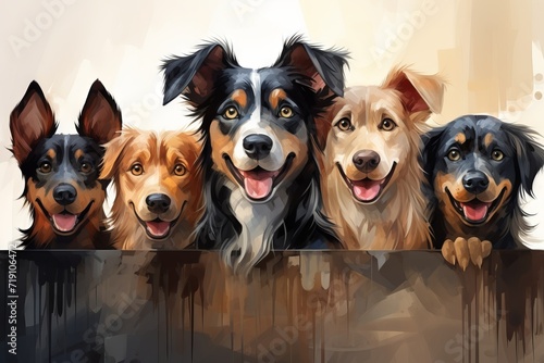 Cartoon smiling cute dogs of different breeds peek out from behind a wooden fence. Banner with animals Concept: veterinary advertising and animal breeding
 photo