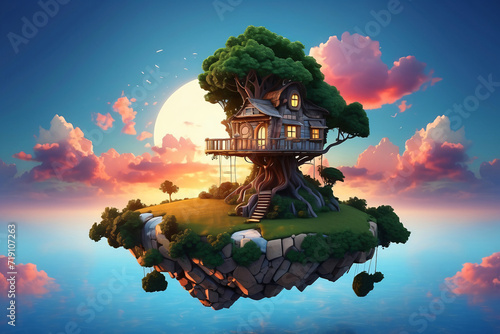 Fototapeta 3d floating island and tree house