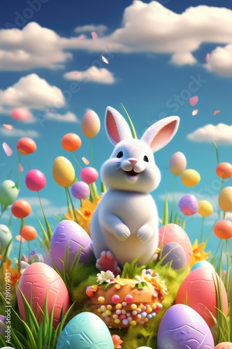 Easter Bunny Amongst Colorful Eggs