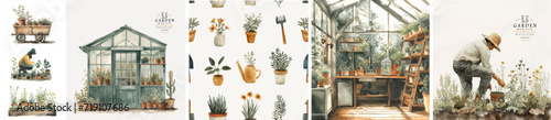 Gardening, gardening and horticulture. Watercolor realistic illustration of a gardener at work, greenhouse, beds, seamless pattern for poster, card, background or brochure. Agriculture