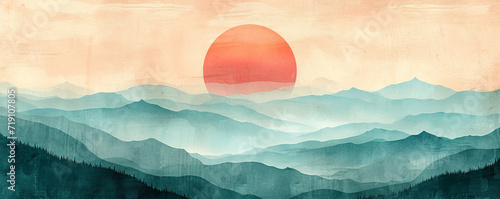 Fototapeta Watercolor Abstract mountains. Aesthetic minimalist landscape with mountain an sun or moon, Boho style. , landscape aesthetic background wallpaper. illustration for prints wall arts and canvas.