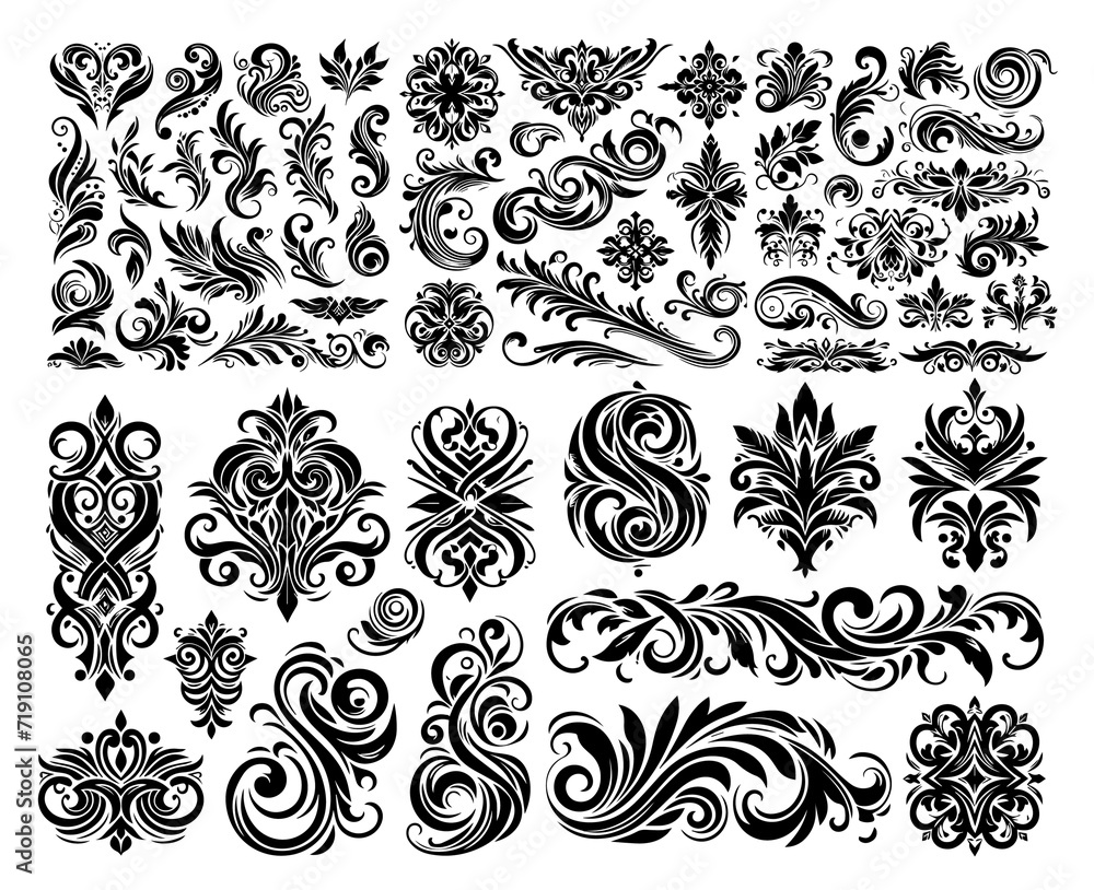 calligraphic ornamental elements set. black and white, silhouette