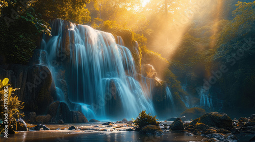 A stunning waterfall with sunlight highlighting the flow of water and natural beauty