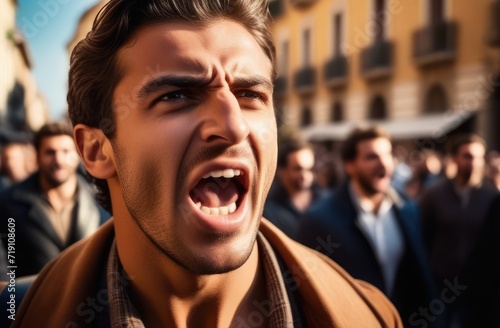 angry Italian protester screaming on street, closeup. activist protesting against rights violation